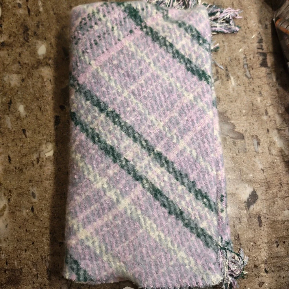 Vince Camuto Plaid Triangle Scarf Purple Green Tassel Fringe Wrap OS NWT